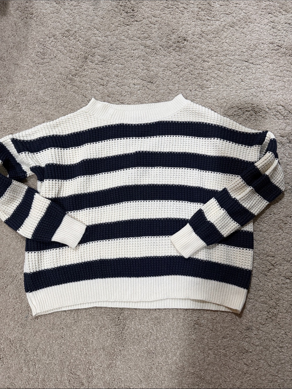 Emerson Fry Navy and Cream Striped Knit Crew Sweater